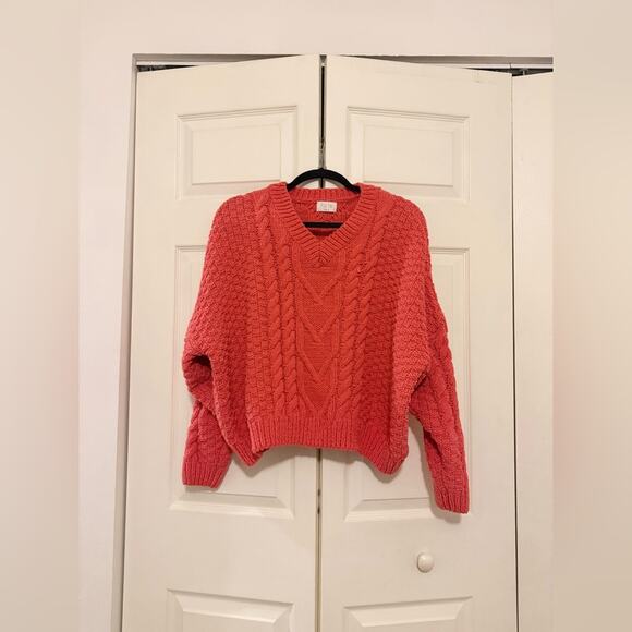 FATE VICI Red Orange V-Neck Knit Dolman Style Crop Sweater Size Medium - Picture 2 of 6